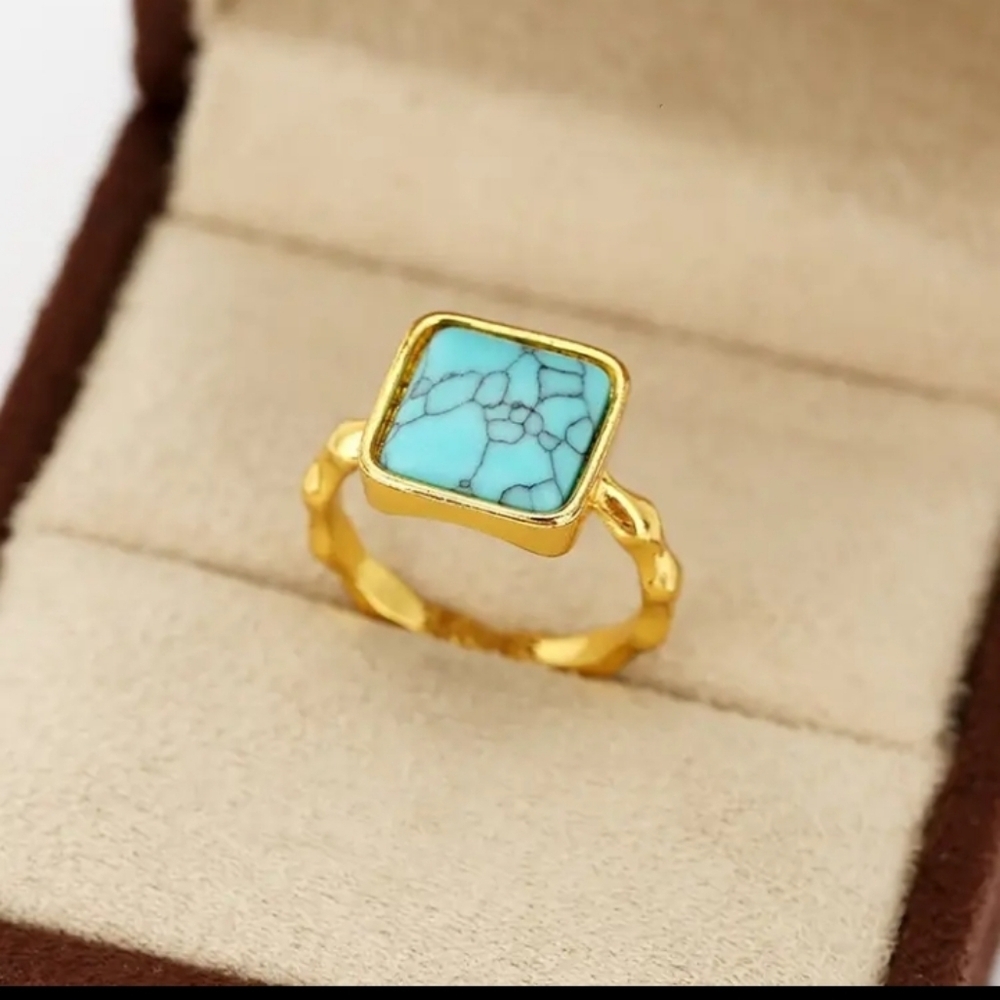 Gold Ring with Turquoise Square Stone - Women's Fashion Ring